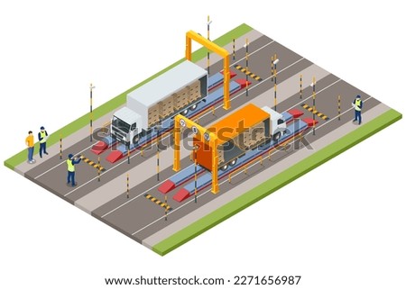 Isometric Container car on the weighing scale Cargo transport, Truck trailer with container. Loaded trailer truck on weighbridge. Weighing control platform. Сток-фото © 