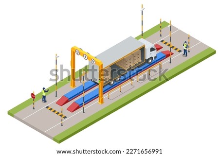 Isometric Container car on the weighing scale Cargo transport, Truck trailer with container. Loaded trailer truck on weighbridge. Weighing control platform.
