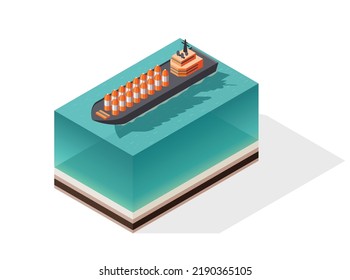 Isometric container cargo ship. Delivery on water. Shipping freight transportation. Vector isometric icon or infographic element. Ocean transport