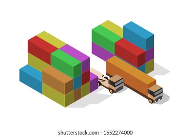 isometric of container and cargo truck. vector illustrations