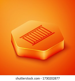 Isometric Container icon isolated on orange background. Crane lifts a container with cargo. Orange hexagon button. Vector Illustration