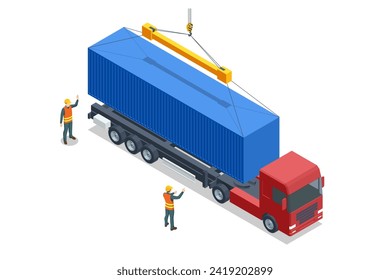Isometric Container loading on a Truck with an Industrial Crane. Industry and Transportation. Logistic Import Export