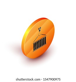 Isometric Container on crane icon isolated on white background. Crane lifts a container with cargo. Orange circle button. Vector Illustration