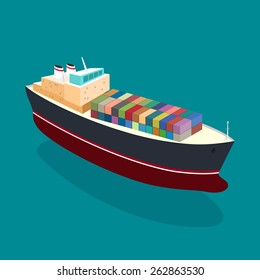 Isometric container ship on the water, a top view of a cargo ship with containers on board in the ocean, vector illustration