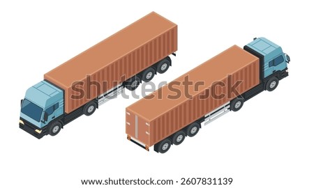 Isometric container trucks with shipping containers. Blue truck cabs with brown cargo containers. Semi-trailer vehicle set. Commercial transportation. Vector illustration isolated on white background.