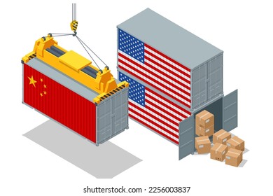 Isometric Containers with USA and China flag. Trade between the US and China. Sea freight. Marine cargo port.