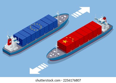 Isometric Containers with USA and China flag. Trade between the US and China. Sea freight. Marine cargo port.
