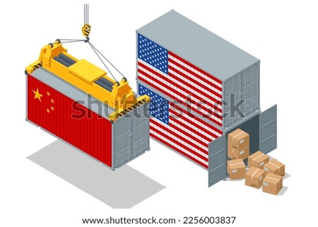 Isometric Containers with USA and China flag. Trade between the US and China. Sea freight. Marine cargo port.