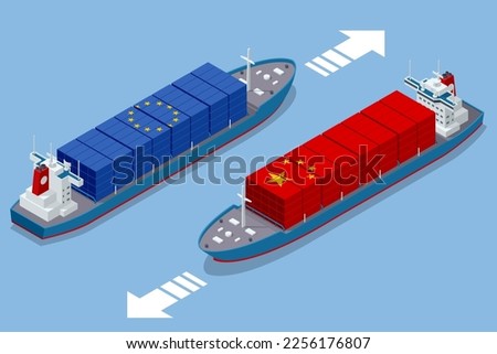 Isometric Containers with USA and China flag. Trade between the US and China. Sea freight. Marine cargo port.