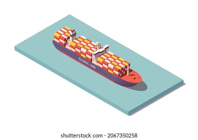 Vasija de contención isométrica. Barco de contenedores de polígono bajo. Ilustrador de vectores. Colección
