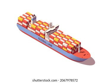 Isometric containership vessel. Low poly container ship. Vector illustration. Collection