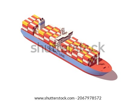 Isometric containership vessel. Low poly container ship. Vector illustration. Collection