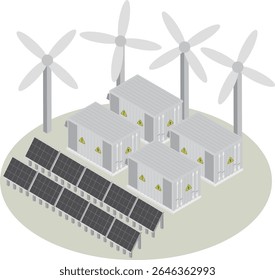 Isometric container-type large storage battery, solar panels, and wind turbines for wind power generation