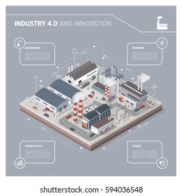Isometric contemporary industrial park with factories, power plant, workers and transport: industry 4.0 infographic
