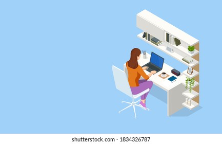 Isometric Contemporary workspace. Interior modern living room workspace with desk and desktop computer. Woman working at home.