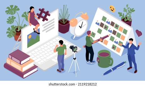 Isometric content manager composition with content plan and four creators at work vector illustration