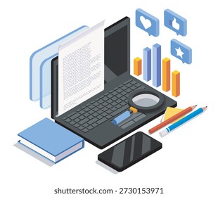 Página de conteúdo isométrico. Laptop com lista, lápis e lupa. Área de trabalho de editor ou copywriters. Criação de artigos e conteúdos para websites e redes sociais. Ilustração vetorial volumétrica