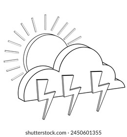 Isometric contour black icon thunderstorm lightning sun cloud on a white background for meteorological websites, posters, flyers. Vector illustration