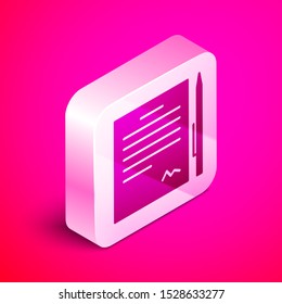 Isometric Contract with pen icon isolated on pink background. File icon. Checklist icon. Business concept. Silver square button. Vector Illustration