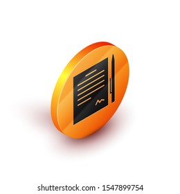 Isometric Contract with pen icon isolated on white background. File icon. Checklist icon. Business concept. Orange circle button. Vector Illustration