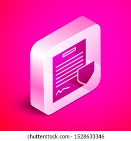 Isometric Contract with shield icon isolated on pink background. Insurance concept. Security, safety, protection, protect concept. Silver square button. Vector Illustration