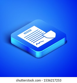 Isometric Contract with shield icon isolated on blue background. Insurance concept. Security, safety, protection, protect concept. Blue square button. Vector Illustration
