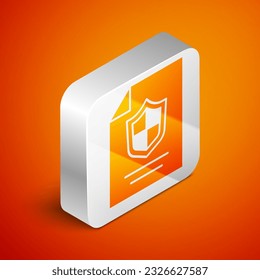 Contrato isométrico con icono de escudo aislado en el fondo naranja. Concepto de seguro. Seguridad, seguridad, protección, concepto de protección. Botón cuadrado plateado. Vector