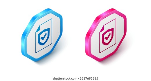 Isometric Contract with shield icon isolated on white background. Insurance concept. Security, safety, protection, protect concept. Hexagon button. Vector