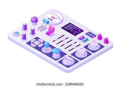 Isometric control panel. 3D analog retro machine for power supply control or broadcast adjusting with buttons and toggles. Vector electric equipment illustration of control machine technology panel