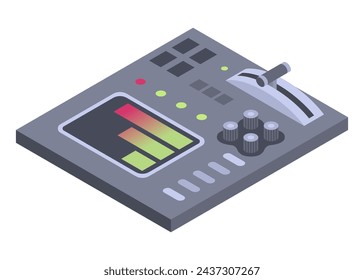 Isometric control panel spaceship with slider, controllers, buttons. 3d dashboard on white background. Aircraft toggle switches panel vector illustration
