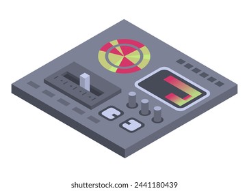Isometric control panel spaceship with slider, controllers, buttons. 3d dashboard on white background. Aircraft toggle switches panel vector illustration