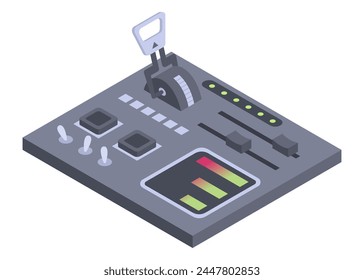 Isometric control panel spaceship with slider, controllers, buttons. 3d dashboard on white background. Aircraft toggle switches panel vector illustration