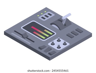 Isometrisches Kontrollfeld Raumschiff mit Schieber, Regler, Buttone. 3D-Dashboard auf weißem Hintergrund. Vektorillustration der Knebelschalter von Luftfahrzeugen