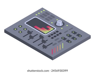 Isometric control panel spaceship with slider, controllers, buttons. 3d dashboard on white background. Aircraft toggle switches panel vector illustration