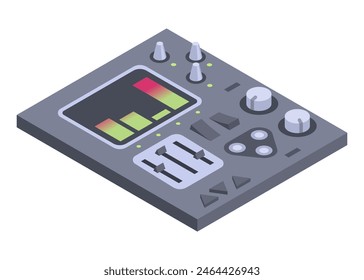 Isometric control panel spaceship with slider, controllers, buttons. 3d dashboard on white background. Aircraft toggle switches panel vector illustration