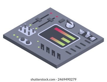 Isometric control panel spaceship with slider, controllers, buttons. 3d dashboard on white background. Aircraft toggle switches panel vector illustration