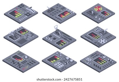 Isometric control panels spaceship with sliders, controllers, buttons. 3d dashboards on white background. Aircraft toggle switches panel vector illustration