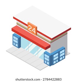 Isometric convenience store building with red canopy and orange twenty four sign