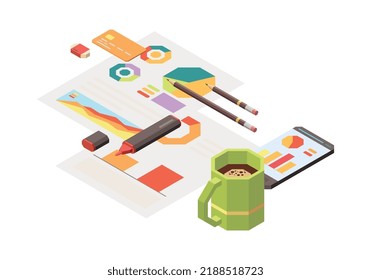 Concepto de análisis de la tasa de conversión isométrica del plomo empresarial con diagramas y gráficos en papeles 3d ilustración vectorial