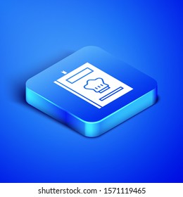 Isometric Cookbook icon isolated on blue background. Cooking book icon. Recipe book. Fork and knife icons. Cutlery symbol. Blue square button. Vector Illustration