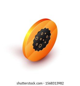 Isometric Cookie or biscuit with chocolate icon isolated on white background. Orange circle button. Vector Illustration