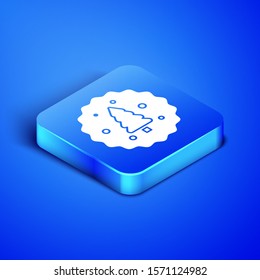 Isometric Cookie or biscuit with chocolate icon isolated on blue background. Blue square button. Vector Illustration