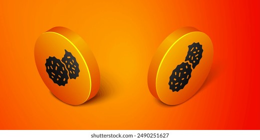 Isometric Cookie or biscuit with chocolate icon isolated on orange background. Orange circle button. Vector