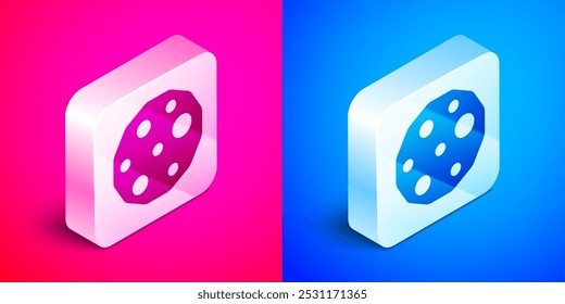 Isometric Cookie or biscuit with chocolate icon isolated on pink and blue background. Silver square button. Vector