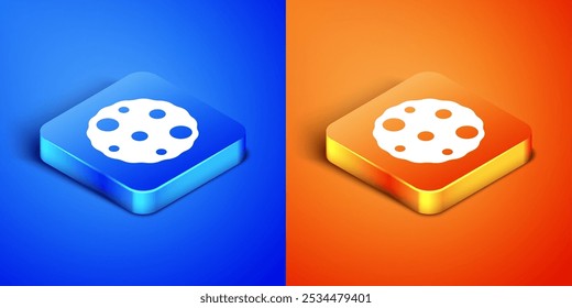 Isometric Cookie or biscuit with chocolate icon isolated on blue and orange background. Square button. Vector