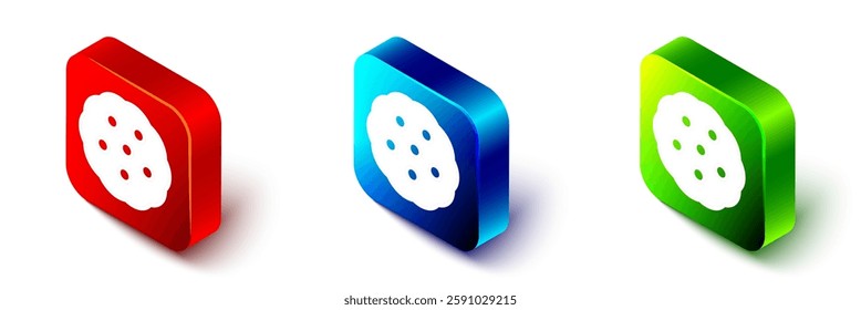 Isometric Cookie or biscuit with chocolate icon isolated on white background. Red, blue and green square button. Vector