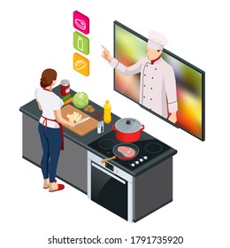 Isometric Cooking Education Online. Professional cooking. Woman chef cooking while streaming online for webinar masterclass lesson at home