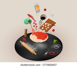 Isometric Cooking Pizza Concept With Flying Ingredients