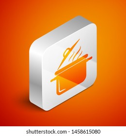Isometric Cooking pot icon isolated on orange background. Boil or stew food symbol. Silver square button. Vector Illustration