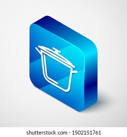 Isometric Cooking pot icon isolated on white background. Boil or stew food symbol. Blue square button. Vector Illustration